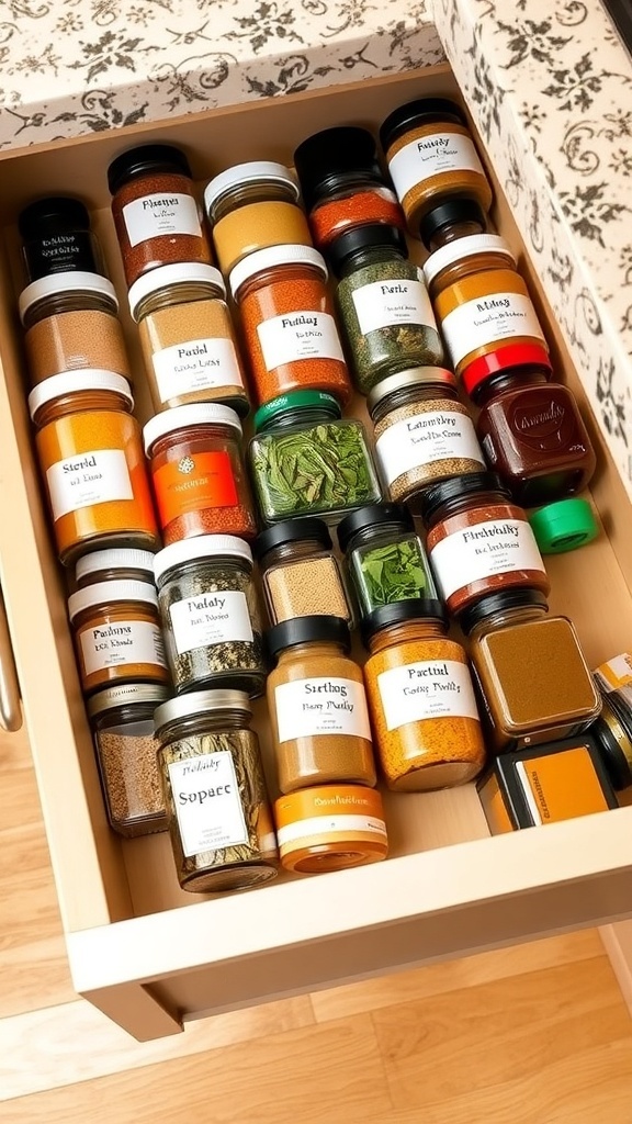 An organized seasoning drawer with labeled jars of spices and herbs.